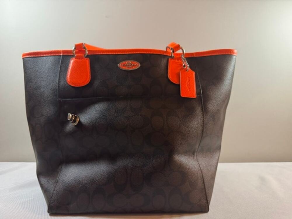 Coach Signature C Tote Bag Brown Orange Large Shoulder Purse 16"